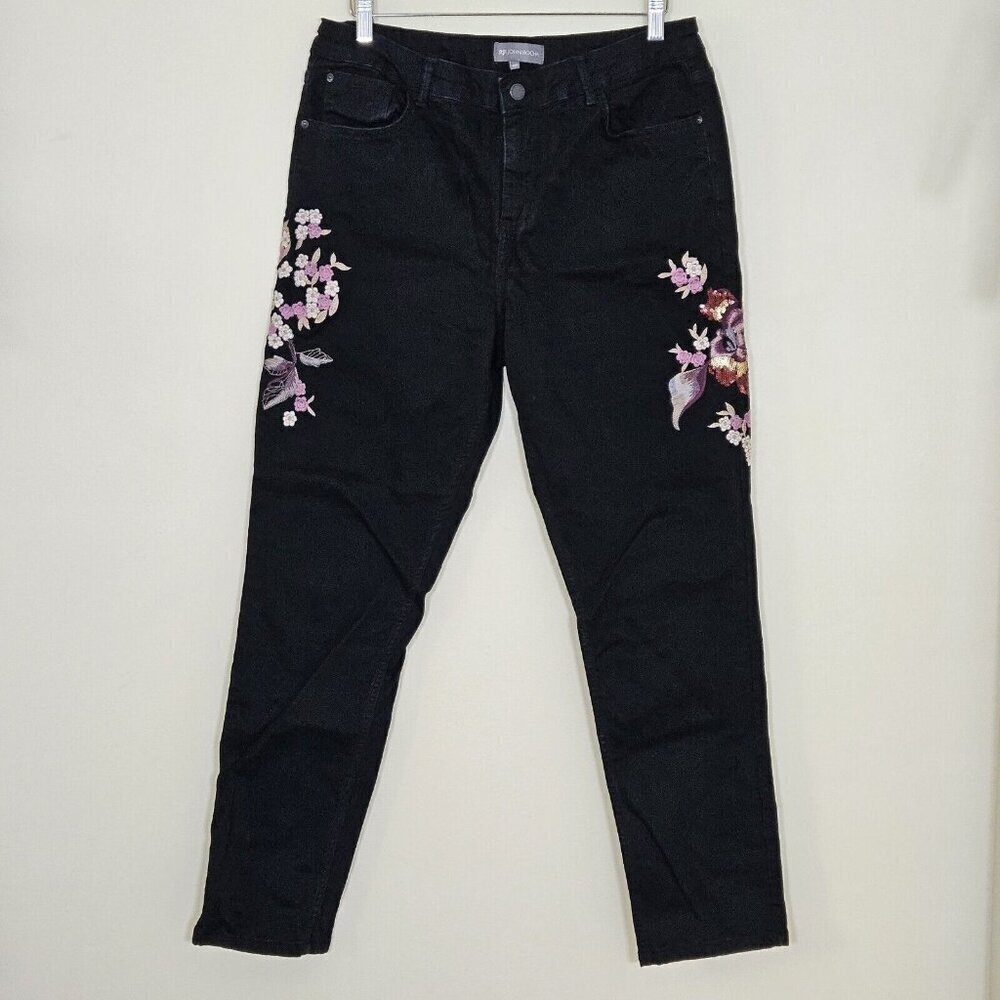 RJR John Rocha Jeans Womens 18 R Black High Rise Embroidery Flowers Sequins Boho